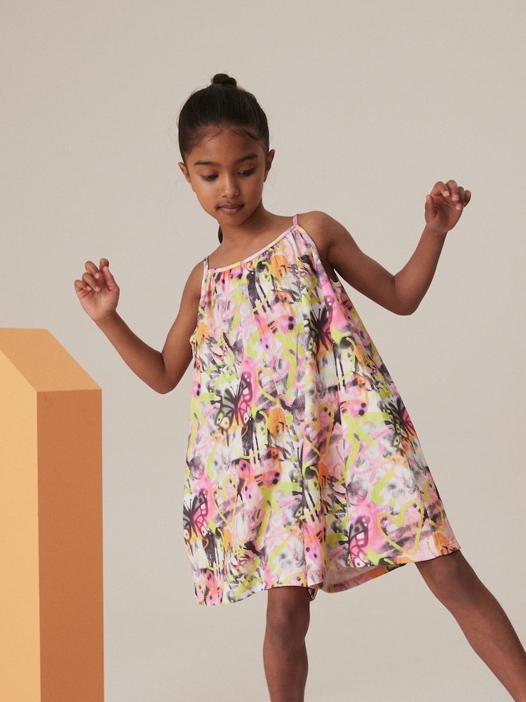 Pink/Yellow Graffiti Butterfly Crinkle Texture Playsuit (3-16yrs) - Image 1 of 6
