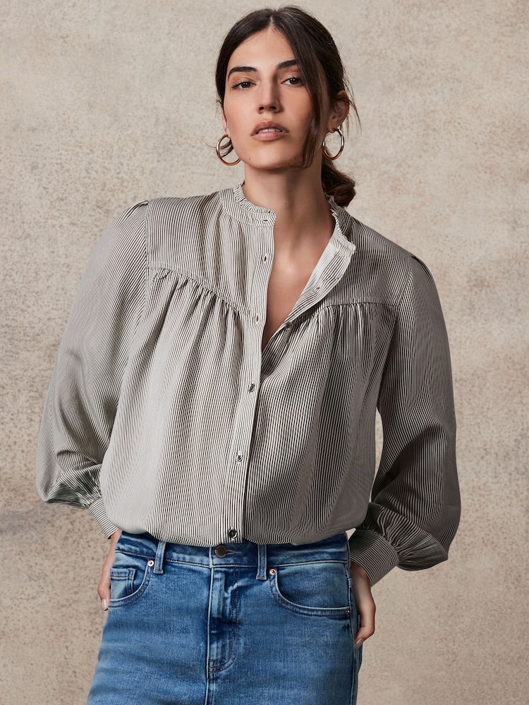 Black/Grey Stripe Washed Ruffle Neck Long Sleeve Blouse - Image 1 of 5