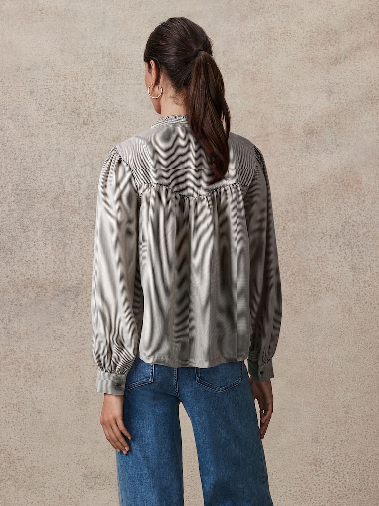 Black/Grey Stripe Washed Ruffle Neck Long Sleeve Blouse - Image 2 of 5