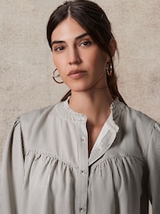 Black/Grey Stripe Washed Ruffle Neck Long Sleeve Blouse - Image 3 of 5