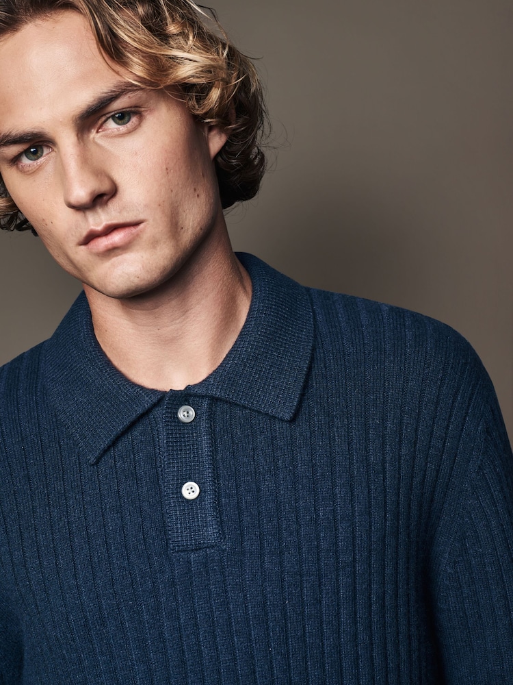 Navy Blue Regular Fit Premium Lambswool Blend Polo Neck Jumper - Image 1 of 5