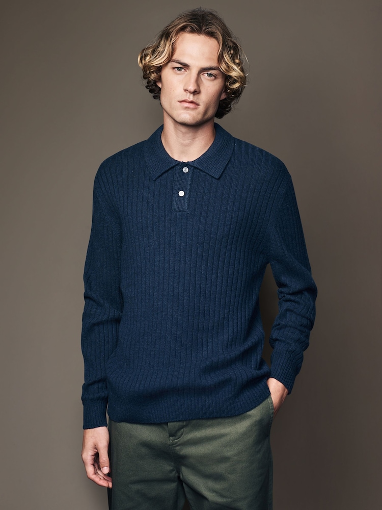 Navy Blue Regular Fit Premium Lambswool Blend Polo Neck Jumper - Image 5 of 5