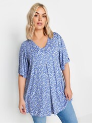 Yours Curve Blue Ditsy Floral Pleated Angel Sleeve Swing Top - Image 1 of 5