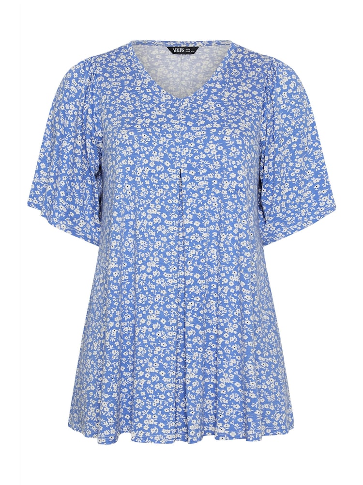 Yours Curve Blue Ditsy Floral Pleated Angel Sleeve Swing Top - Image 5 of 5