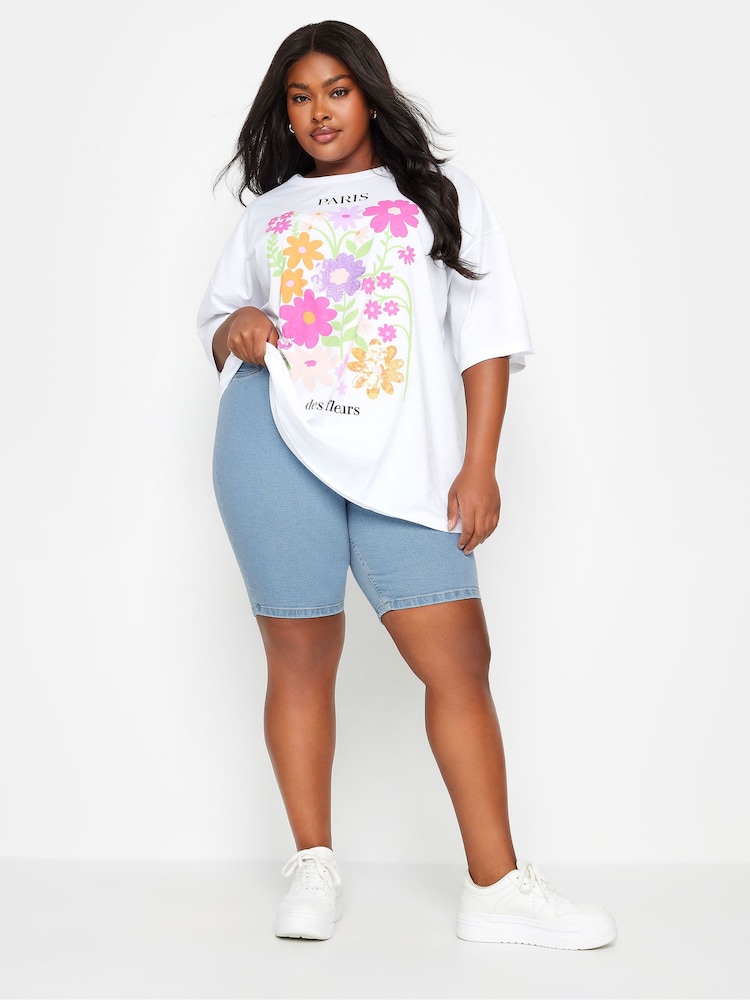 Yours Curve Blue Pull On Denim Cycling Shorts - Image 2 of 4