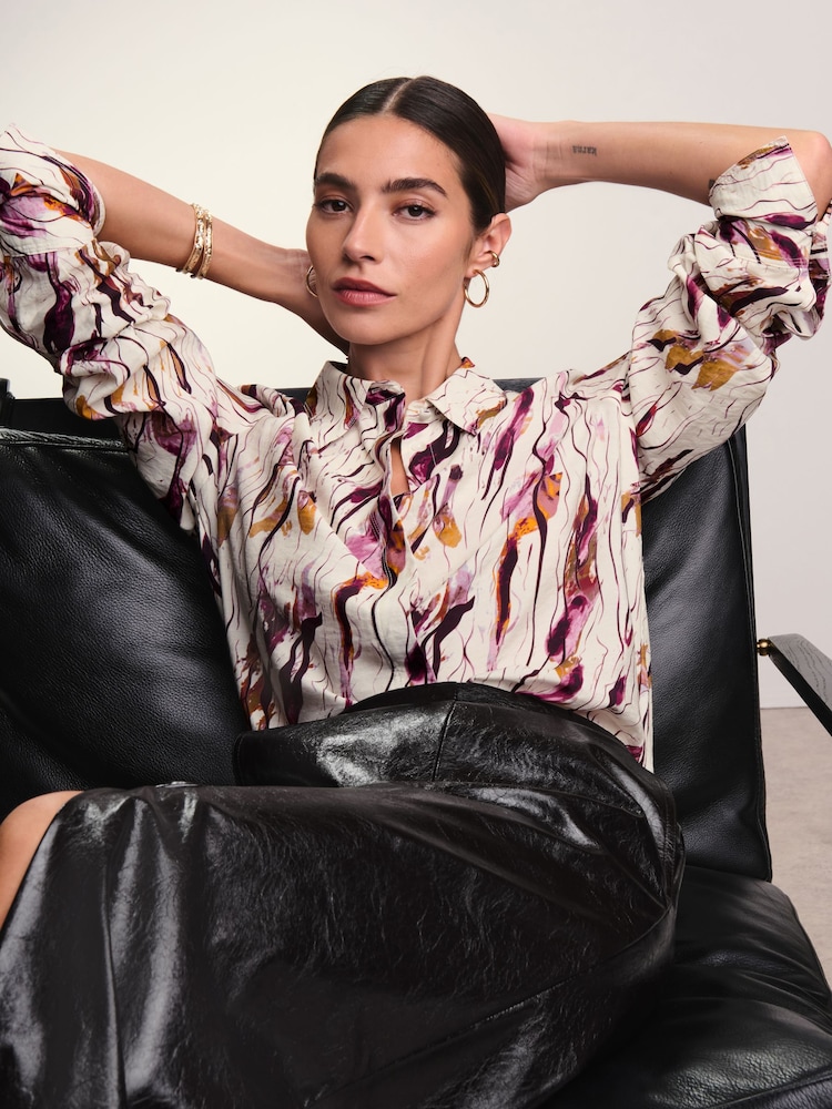 Ecru/Purple Swirl Print Long Sleeve Button Down Shirt - Image 1 of 8