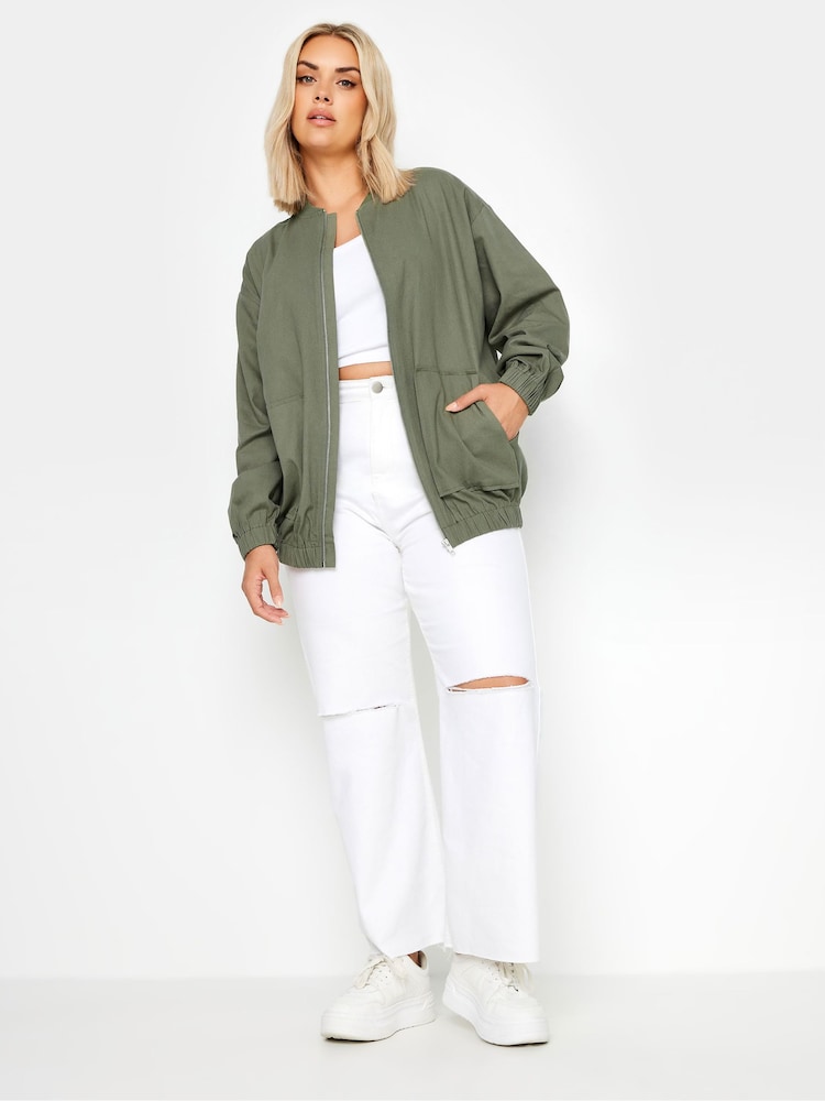 Yours Curve Green Twill Casual 100% Cotton Bomber Jacket - Image 2 of 5
