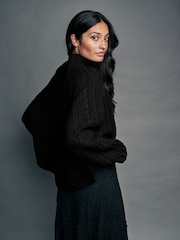 Black Cable Knitted Poncho Jumper with Wool - Image 2 of 8