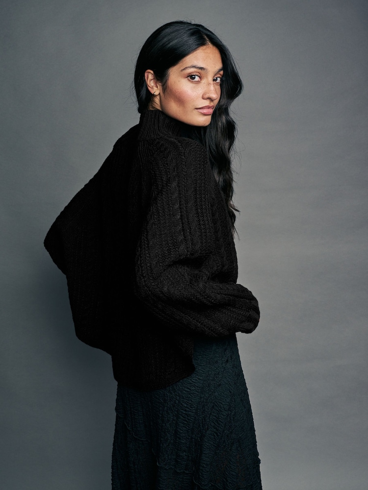 Black Cable Knitted Poncho Jumper with Wool - Image 2 of 8
