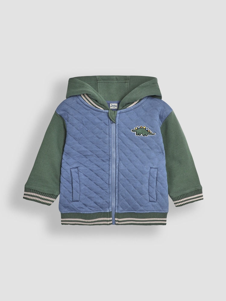 JoJo Maman Bébé Denim Blue Dinosaur Cotton Blend Hooded Bomber Jacket - Image 1 of 7
