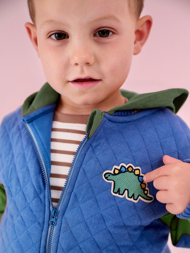 JoJo Maman Bébé Denim Blue Dinosaur Cotton Blend Hooded Bomber Jacket - Image 7 of 7