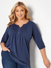 Yours Curve Blue Pintuck Henley Top - Image 1 of 4