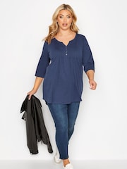 Yours Curve Blue Pintuck Henley Top - Image 2 of 4