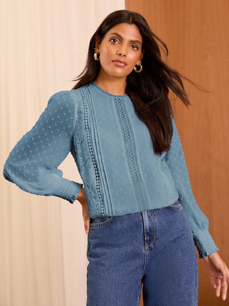 Love & Roses Blue Lace Crew Neck Blouse - Image 1 of 1