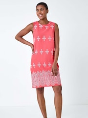 Roman Orange Broderie Contrast Hem 100% Cotton Shift Dress - Image 1 of 5