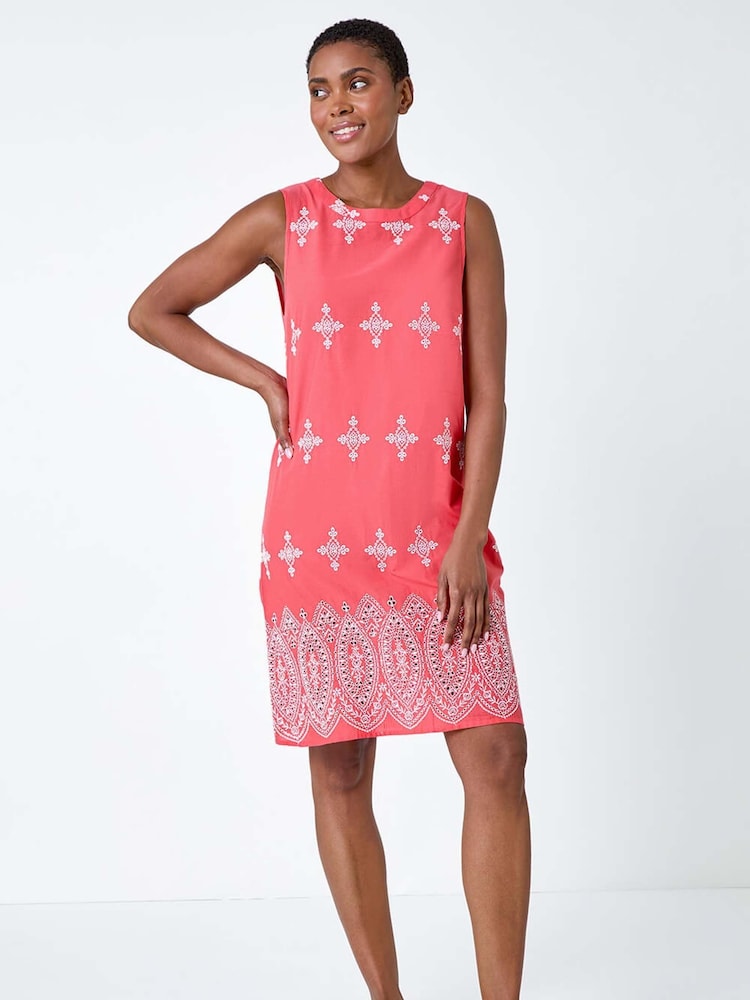 Roman Orange Broderie Contrast Hem 100% Cotton Shift Dress - Image 1 of 5