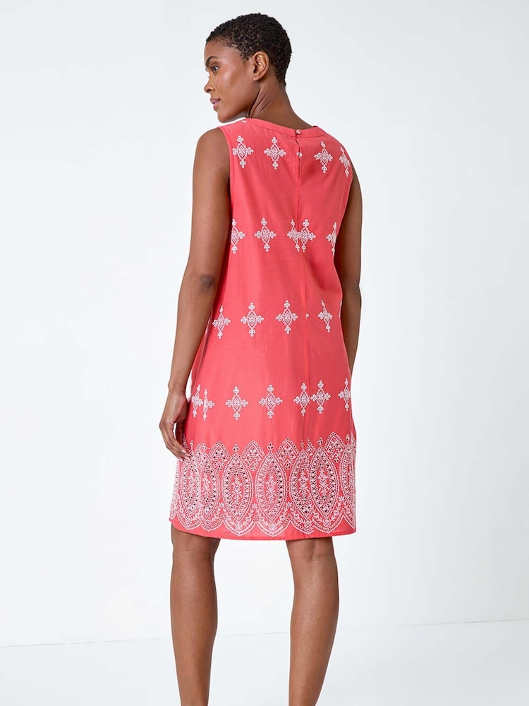 Roman Orange Broderie Contrast Hem 100% Cotton Shift Dress - Image 2 of 5