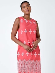 Roman Orange Broderie Contrast Hem 100% Cotton Shift Dress - Image 3 of 5
