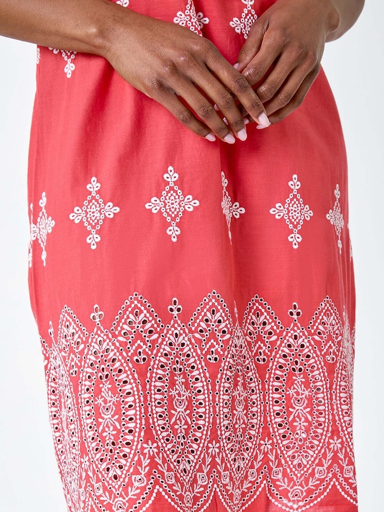 Roman Orange Broderie Contrast Hem 100% Cotton Shift Dress - Image 5 of 5