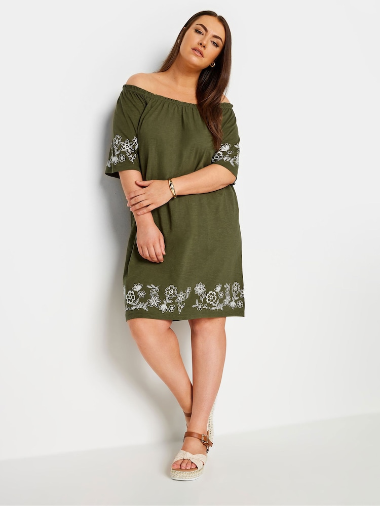 Yours Curve Green 100% Cotton Embroidered Bardot Dress - Image 1 of 5