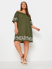 Yours Curve Green 100% Cotton Embroidered Bardot Dress - Image 2 of 5