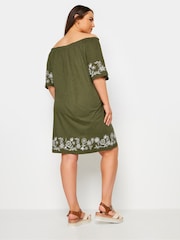 Yours Curve Green 100% Cotton Embroidered Bardot Dress - Image 3 of 5