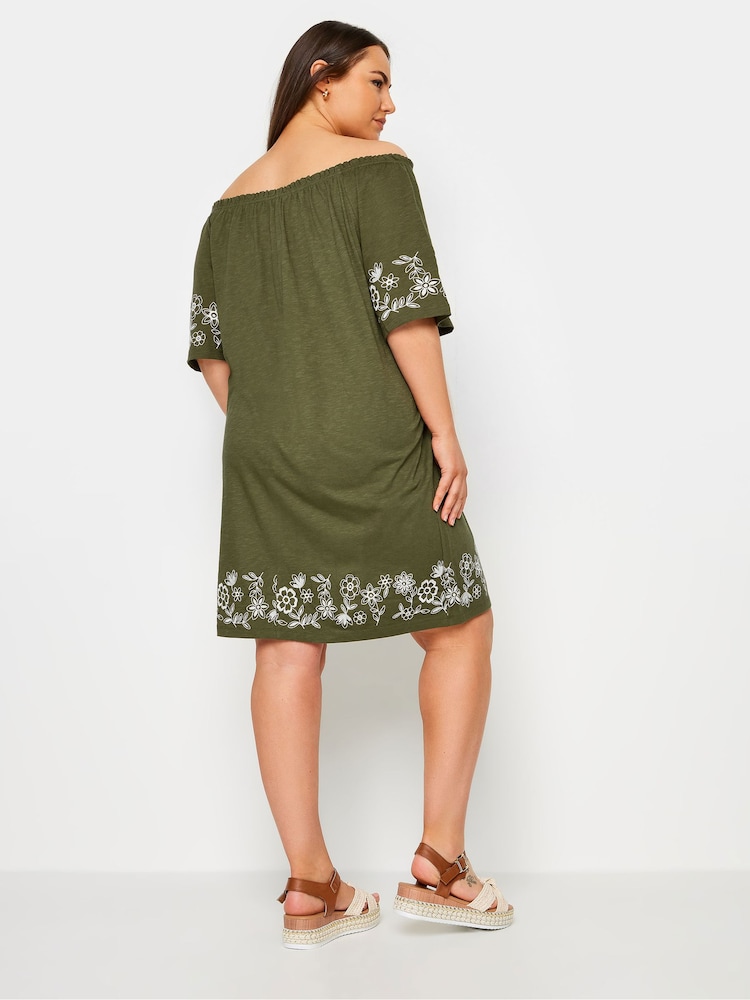 Yours Curve Green 100% Cotton Embroidered Bardot Dress - Image 3 of 5