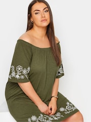 Yours Curve Green 100% Cotton Embroidered Bardot Dress - Image 4 of 5