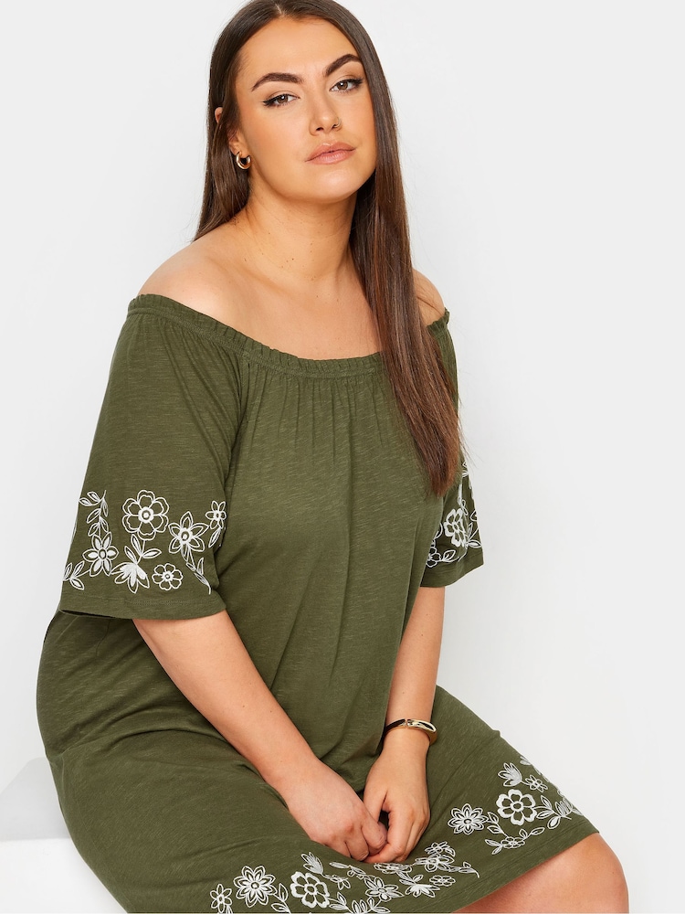 Yours Curve Green 100% Cotton Embroidered Bardot Dress - Image 4 of 5