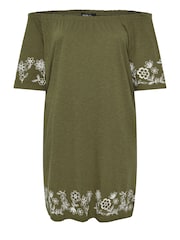 Yours Curve Green 100% Cotton Embroidered Bardot Dress - Image 5 of 5