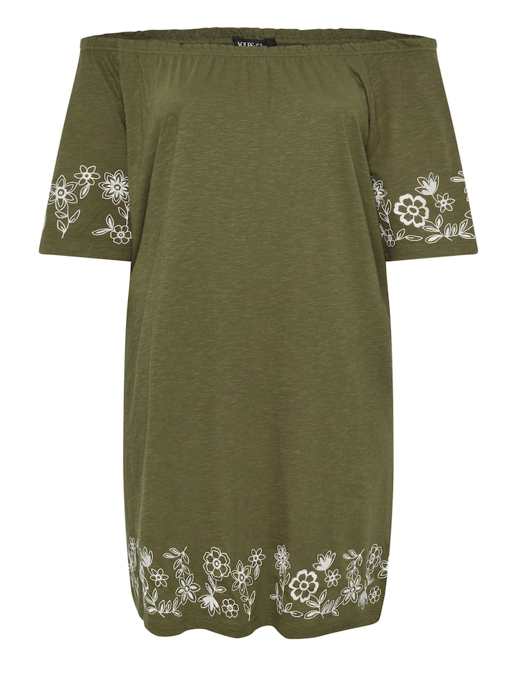 Yours Curve Green 100% Cotton Embroidered Bardot Dress - Image 5 of 5
