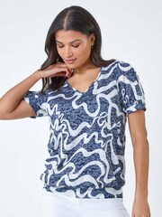 Roman Blue Swirl Burnout Print Blouson Stretch Top - Image 1 of 5