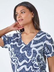 Roman Blue Swirl Burnout Print Blouson Stretch Top - Image 2 of 5