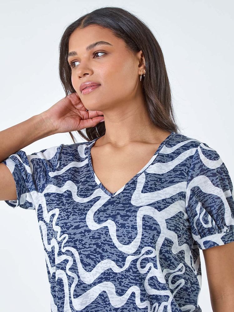 Roman Blue Swirl Burnout Print Blouson Stretch Top - Image 2 of 5