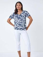 Roman Blue Swirl Burnout Print Blouson Stretch Top - Image 3 of 5