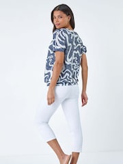 Roman Blue Swirl Burnout Print Blouson Stretch Top - Image 4 of 5