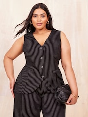 Curves Like These Grey Pinstripe Jersey Waistcoat - Image 1 of 4