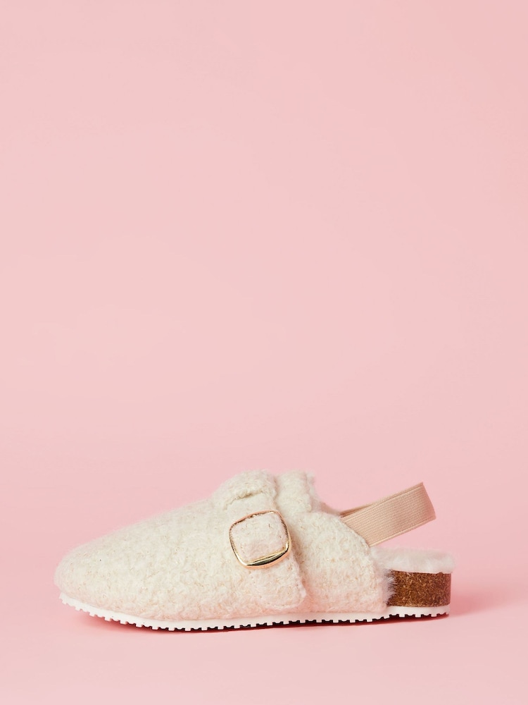 Lipsy Cream Slip On Footbed Buckle Faux Fur Lined Nightwear Slippers Clogs - Image 1 of 4