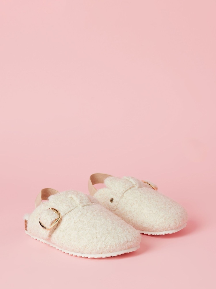 Lipsy Cream Slip On Footbed Buckle Faux Fur Lined Nightwear Slippers Clogs - Image 2 of 4