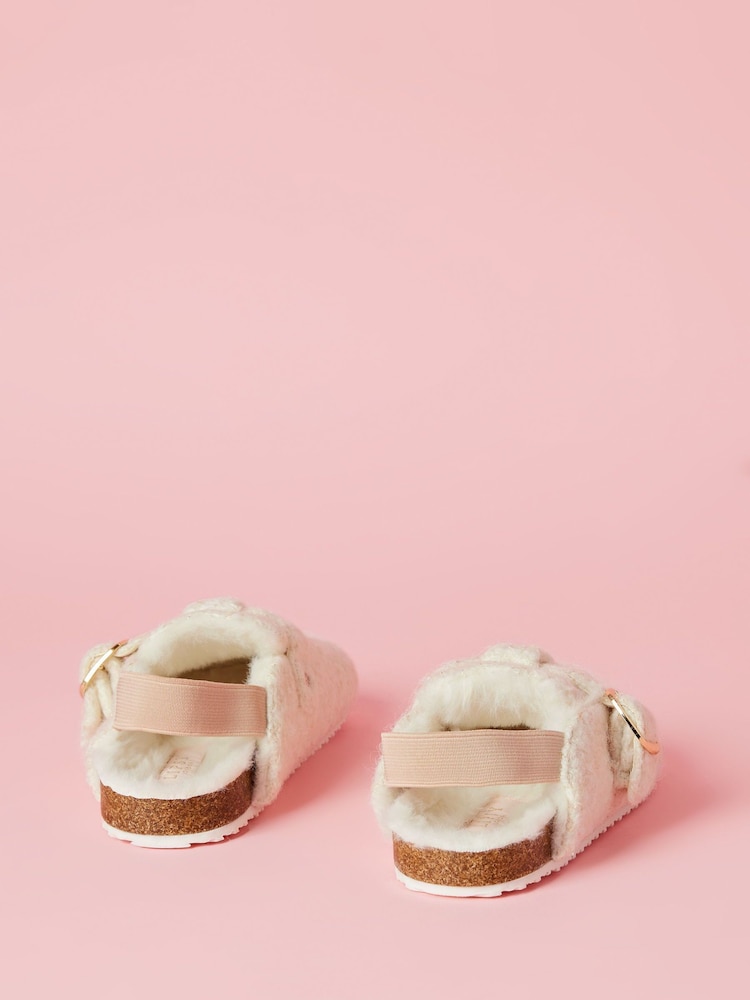 Lipsy Cream Slip On Footbed Buckle Faux Fur Lined Nightwear Slippers Clogs - Image 4 of 4