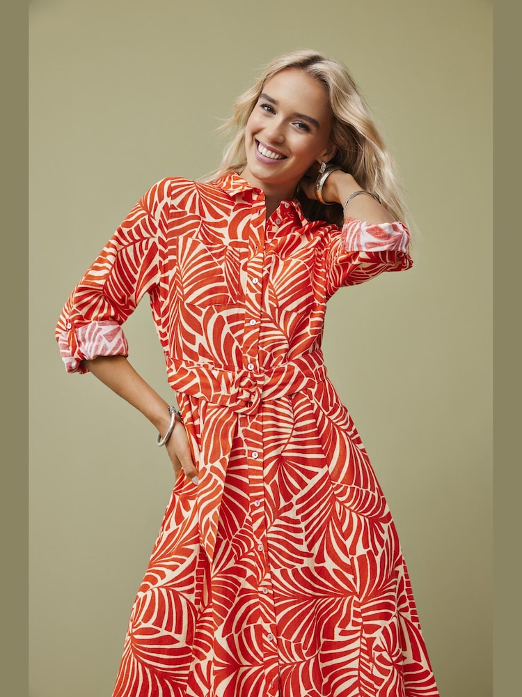 ONLY Orange Palm Print Maxi Shirt Dress With A Touch Of Linen - Image 1 of 3