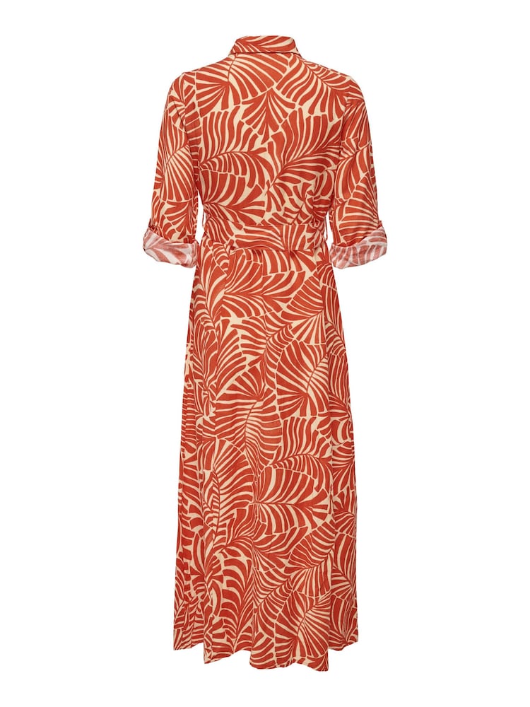 ONLY Orange Palm Print Maxi Shirt Dress With A Touch Of Linen - Image 3 of 3