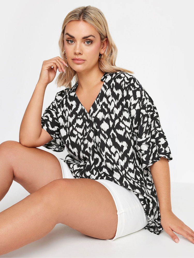 Yours Curve Black Print Pleat Front Blouse - Image 1 of 6