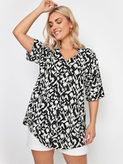 Yours Curve Black Print Pleat Front Blouse - Image 2 of 6