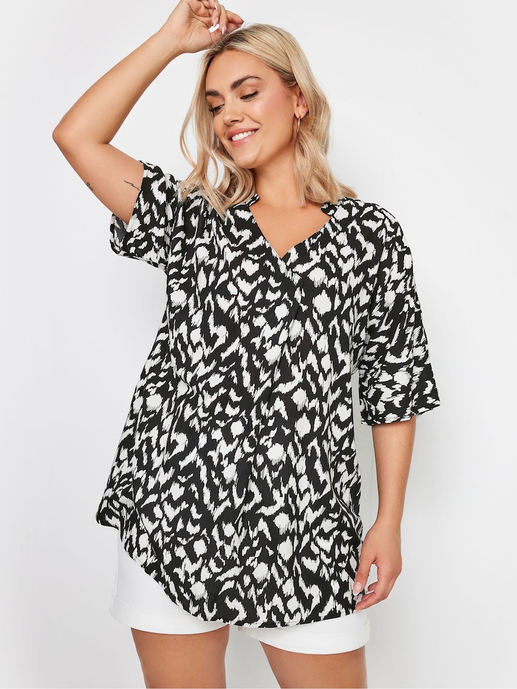 Yours Curve Black Print Pleat Front Blouse - Image 2 of 6