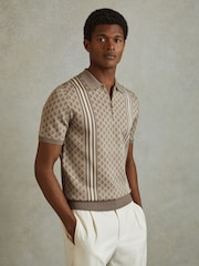 Reiss Oatmeal Sanderson Half-Zip Diamond Stitch Polo Shirt - Image 1 of 6