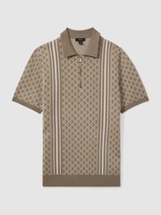 Reiss Oatmeal Sanderson Half-Zip Diamond Stitch Polo Shirt - Image 2 of 6