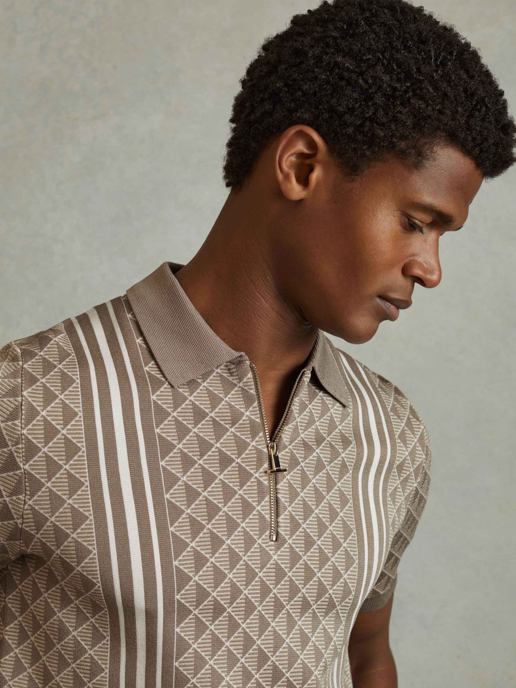 Buy Reiss Oatmeal Sanderson Half-Zip Diamond Stitch Polo Shirt from Next USA