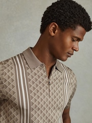Reiss Oatmeal Sanderson Half-Zip Diamond Stitch Polo Shirt - Image 4 of 6
