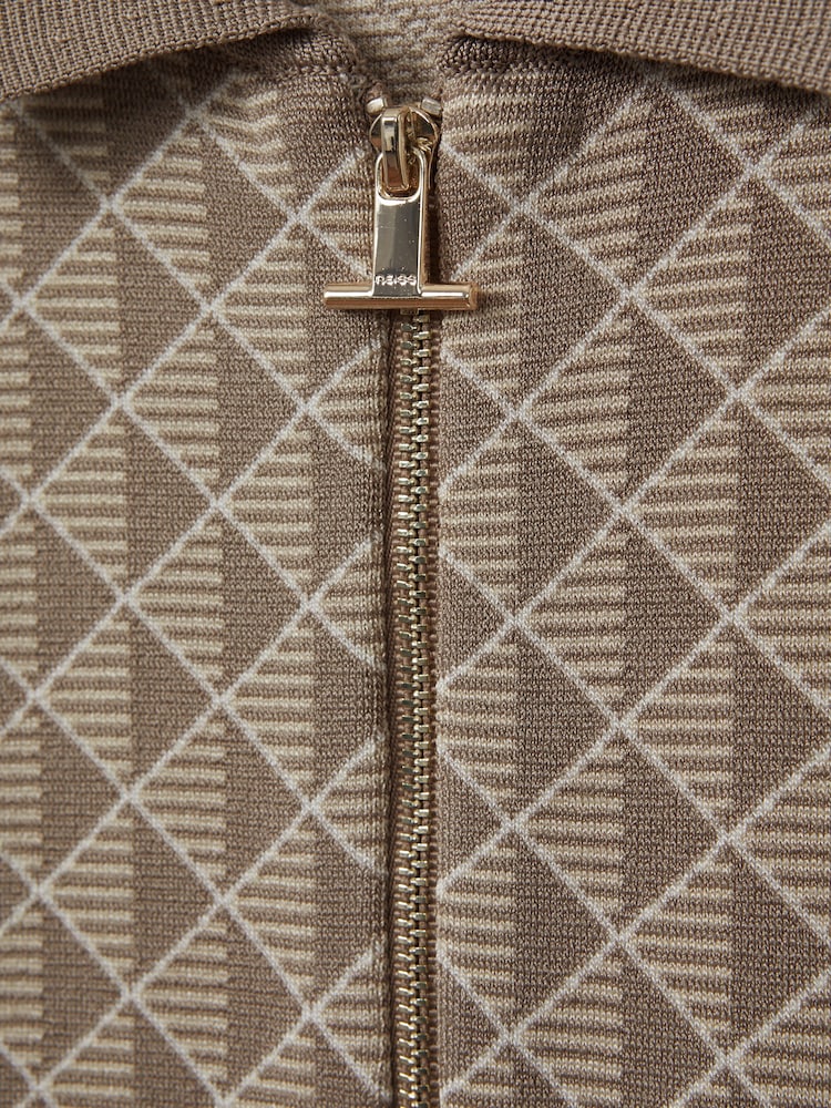 Reiss Oatmeal Sanderson Half-Zip Diamond Stitch Polo Shirt - Image 6 of 6